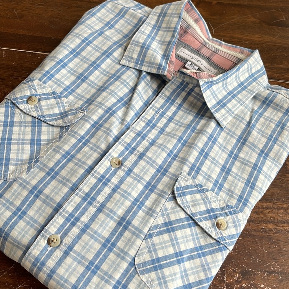 PD&C Paper Denim and Cloth Men Short Sleeve Button Shirt Plaid Blue Grey Sz XL